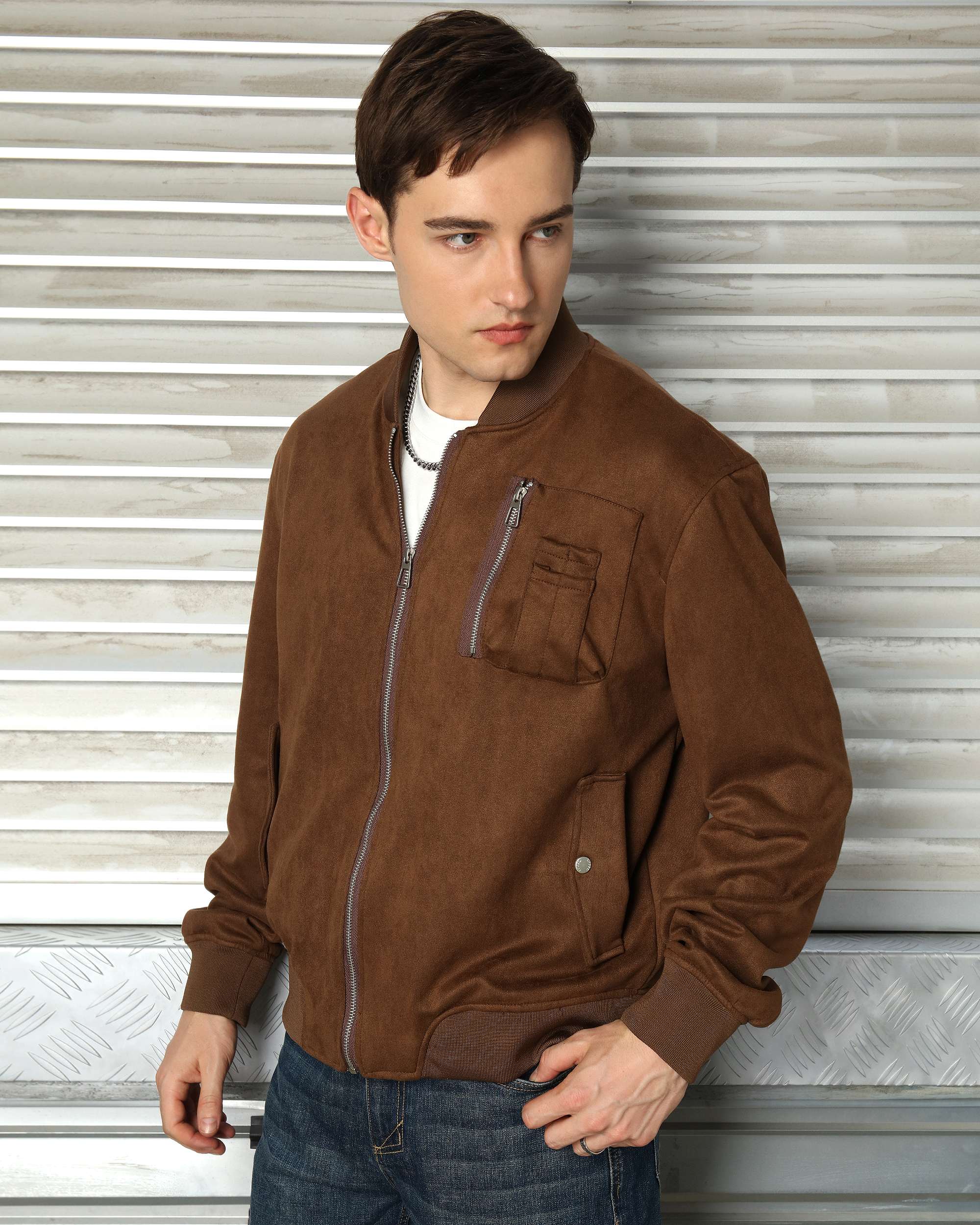 Men’s Classic Zip-Front Bomber Jackets Grey/Khaki/Coffee