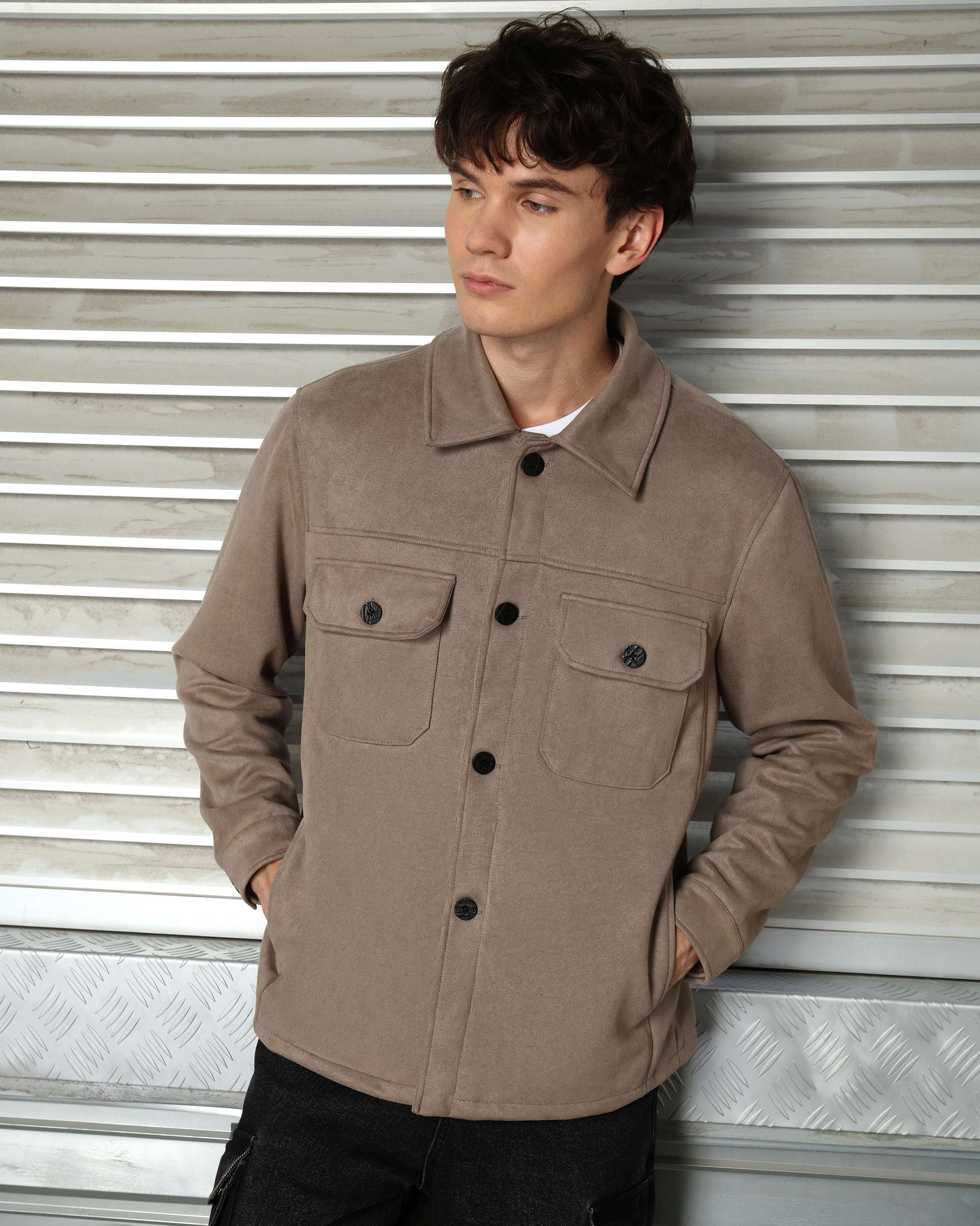 Men’s Casual Solid Color Button-Up Shackets Grey/Khaki/Coffee