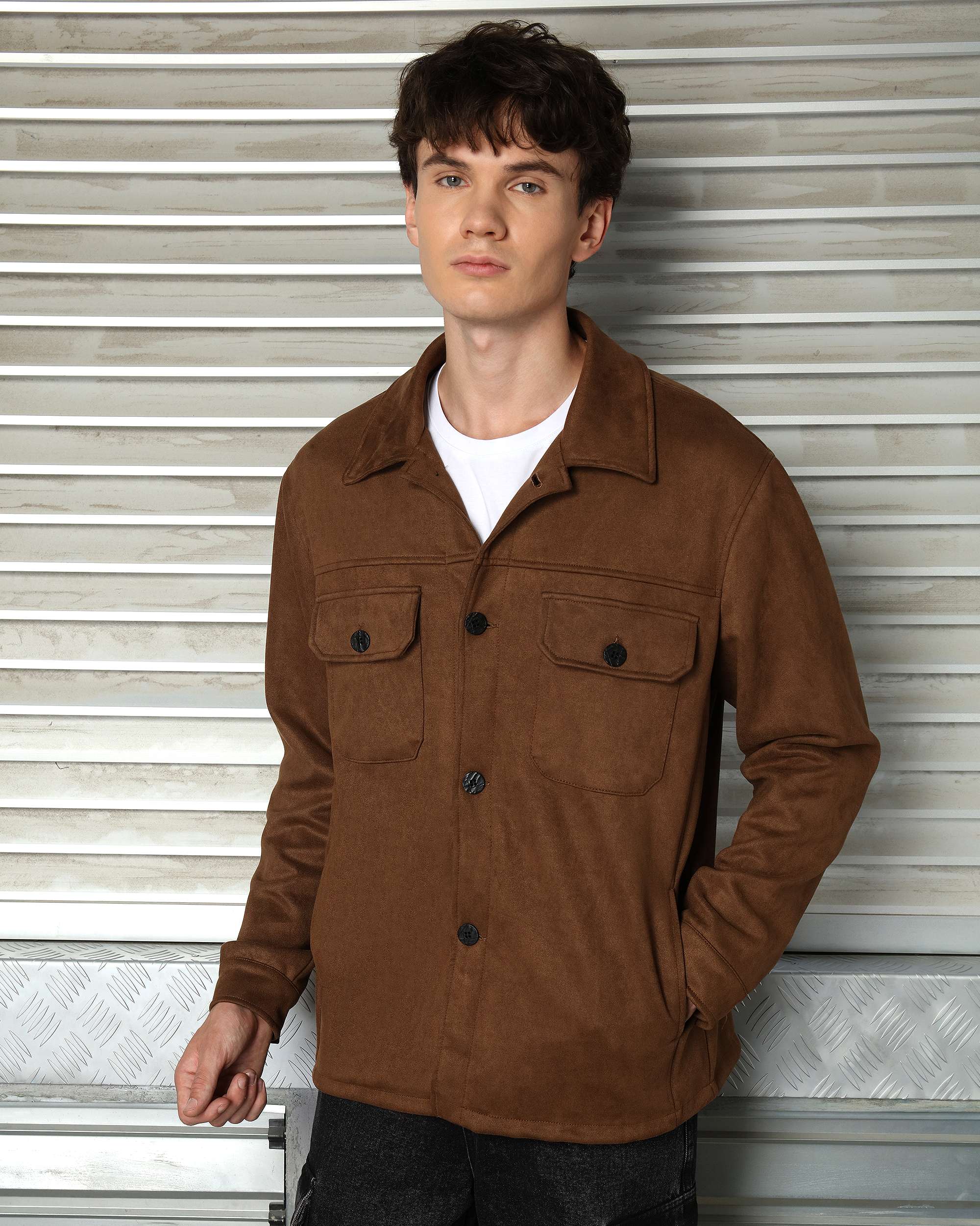 Men’s Casual Solid Color Button-Up Shackets Grey/Khaki/Coffee