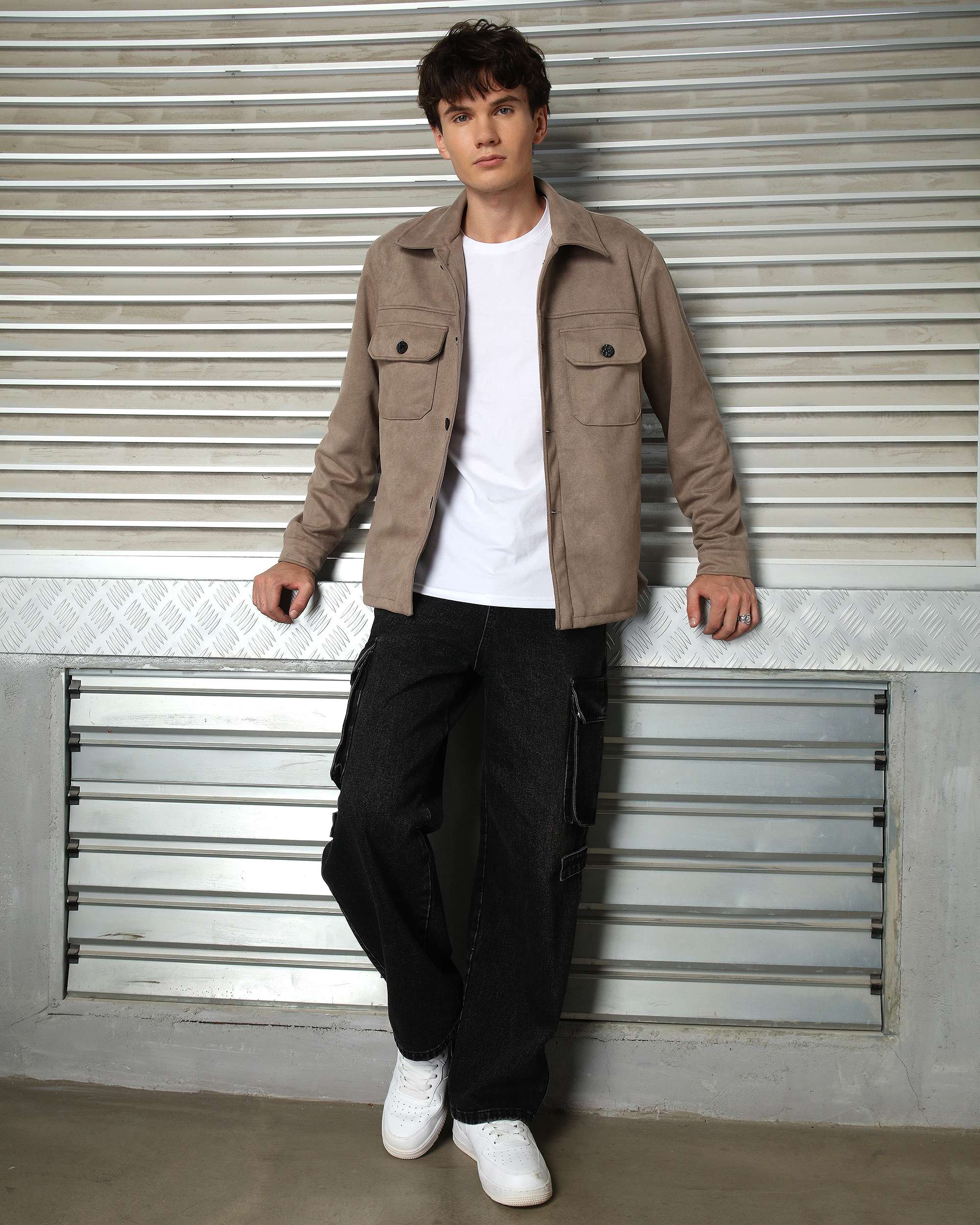 Men’s Casual Solid Color Button-Up Shackets Grey/Khaki/Coffee