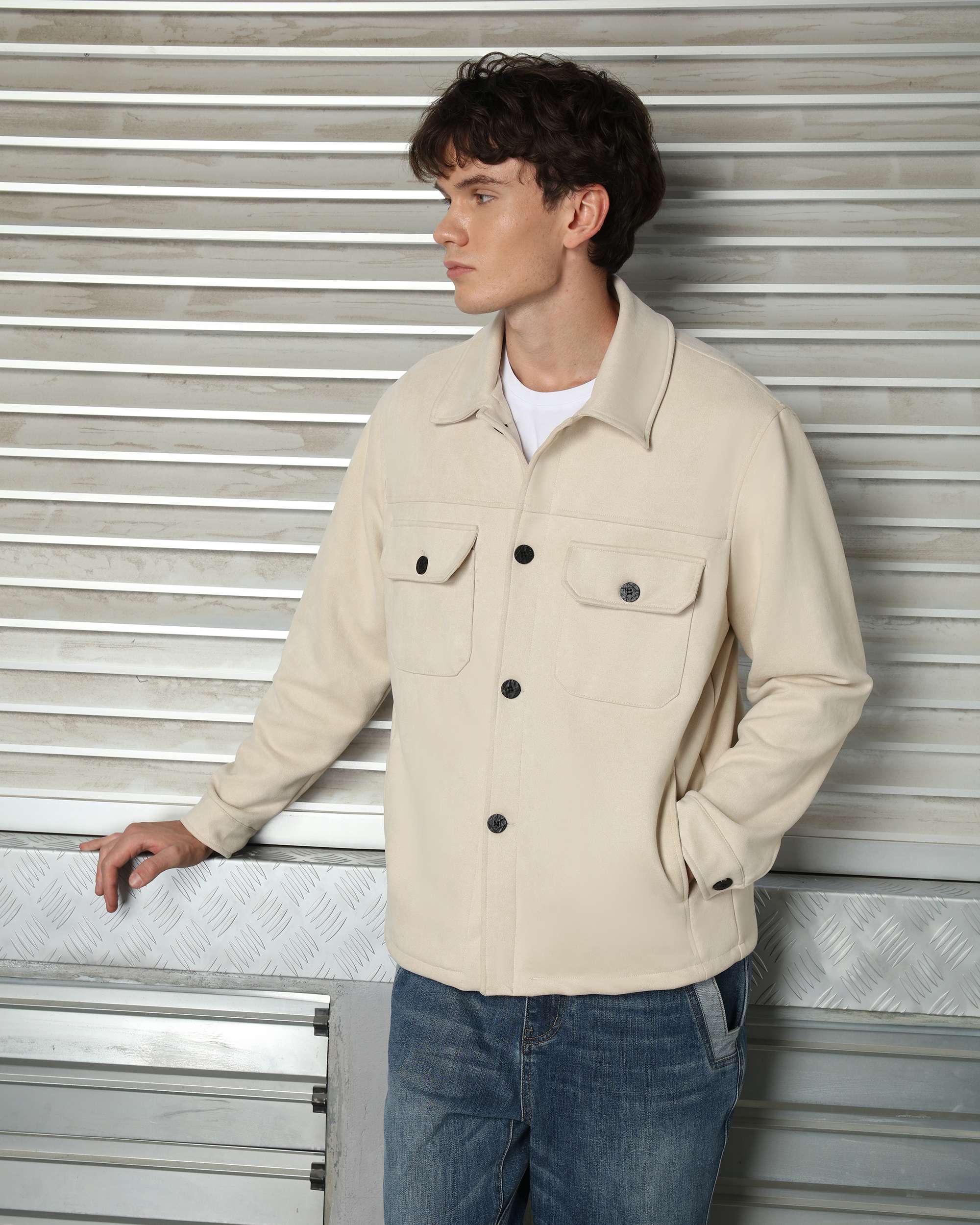 Men’s Casual Solid Color Button-Up Shackets Grey/Khaki/Coffee