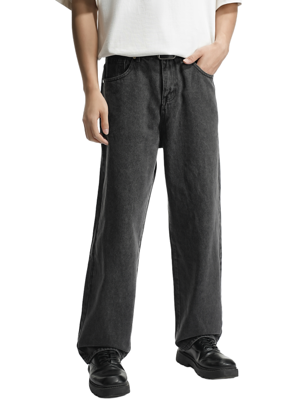 Men’s Washed Black Relaxed Straight-Leg Jeans Casual Denim Pants