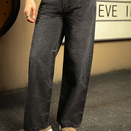 Men’s Black Rhinestone Wide Leg Jeans – Vintage Washed Loose Fit Denim Pants