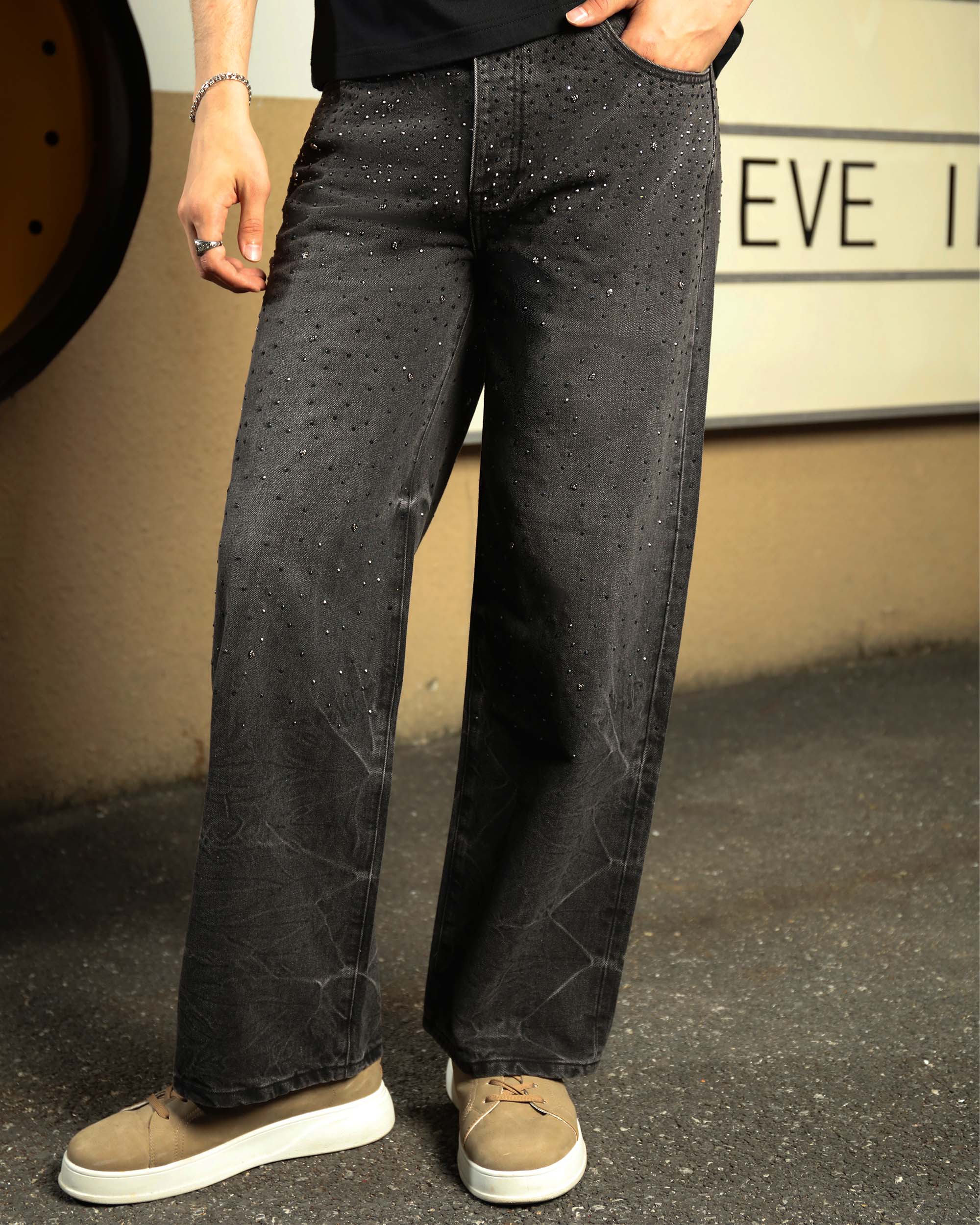 Men’s Black Rhinestone Wide Leg Jeans – Vintage Washed Loose Fit Denim Pants