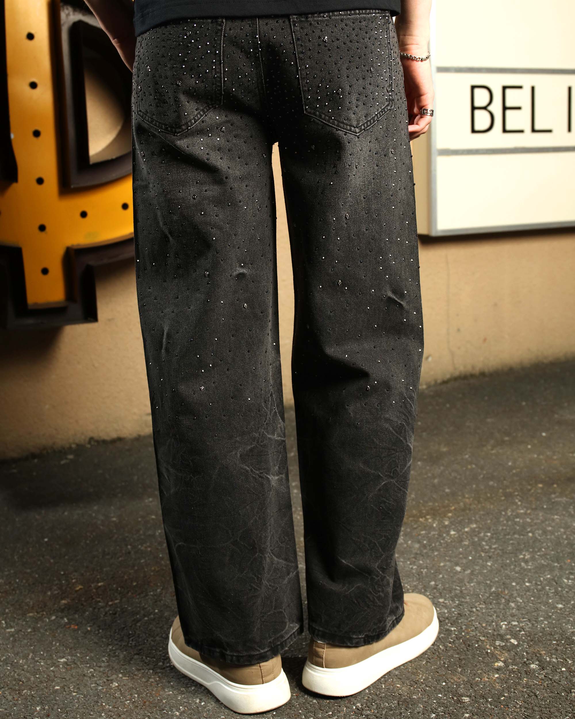 Men’s Black Rhinestone Wide Leg Jeans – Vintage Washed Loose Fit Denim Pants