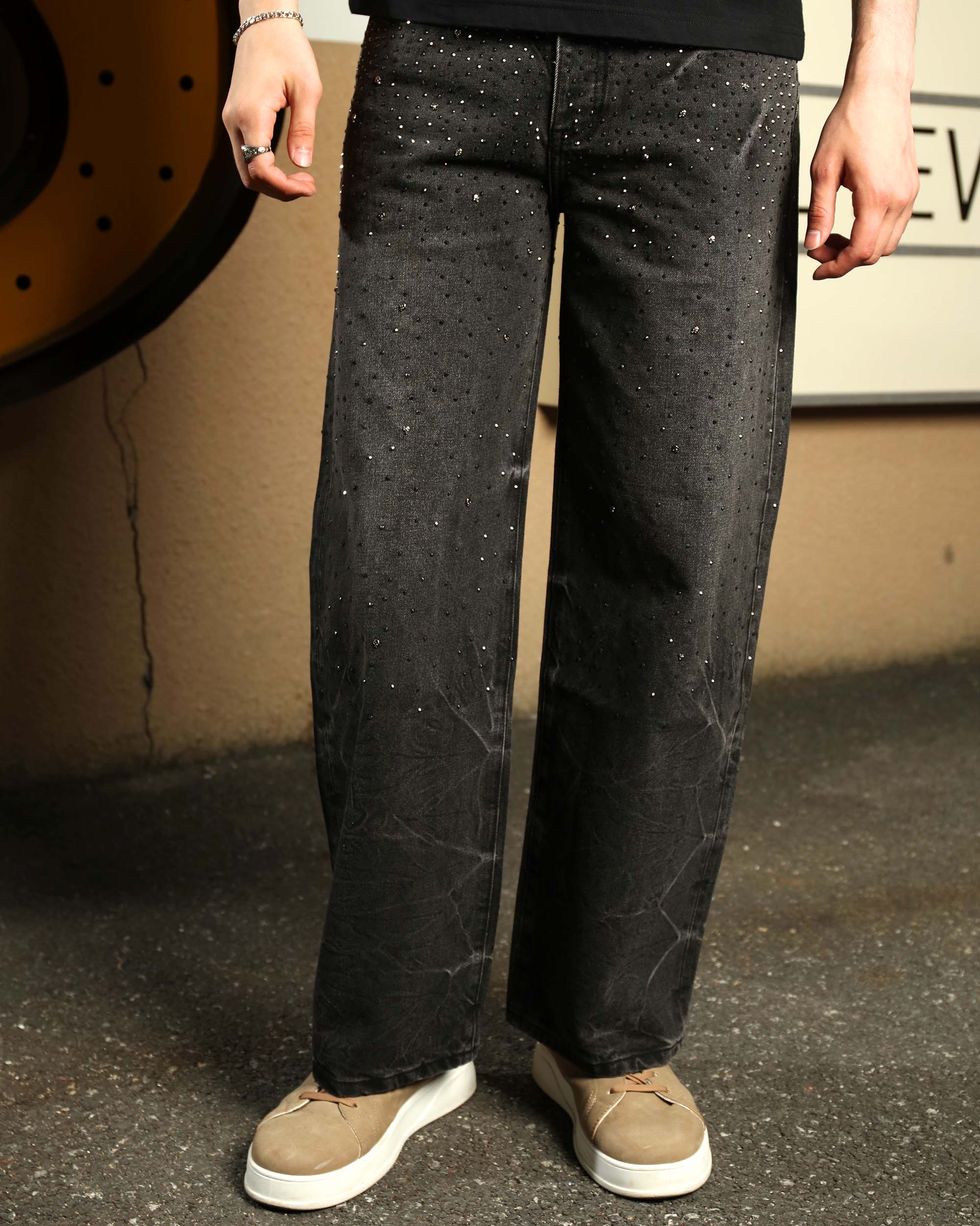 Men’s Black Rhinestone Wide Leg Jeans – Vintage Washed Loose Fit Denim Pants