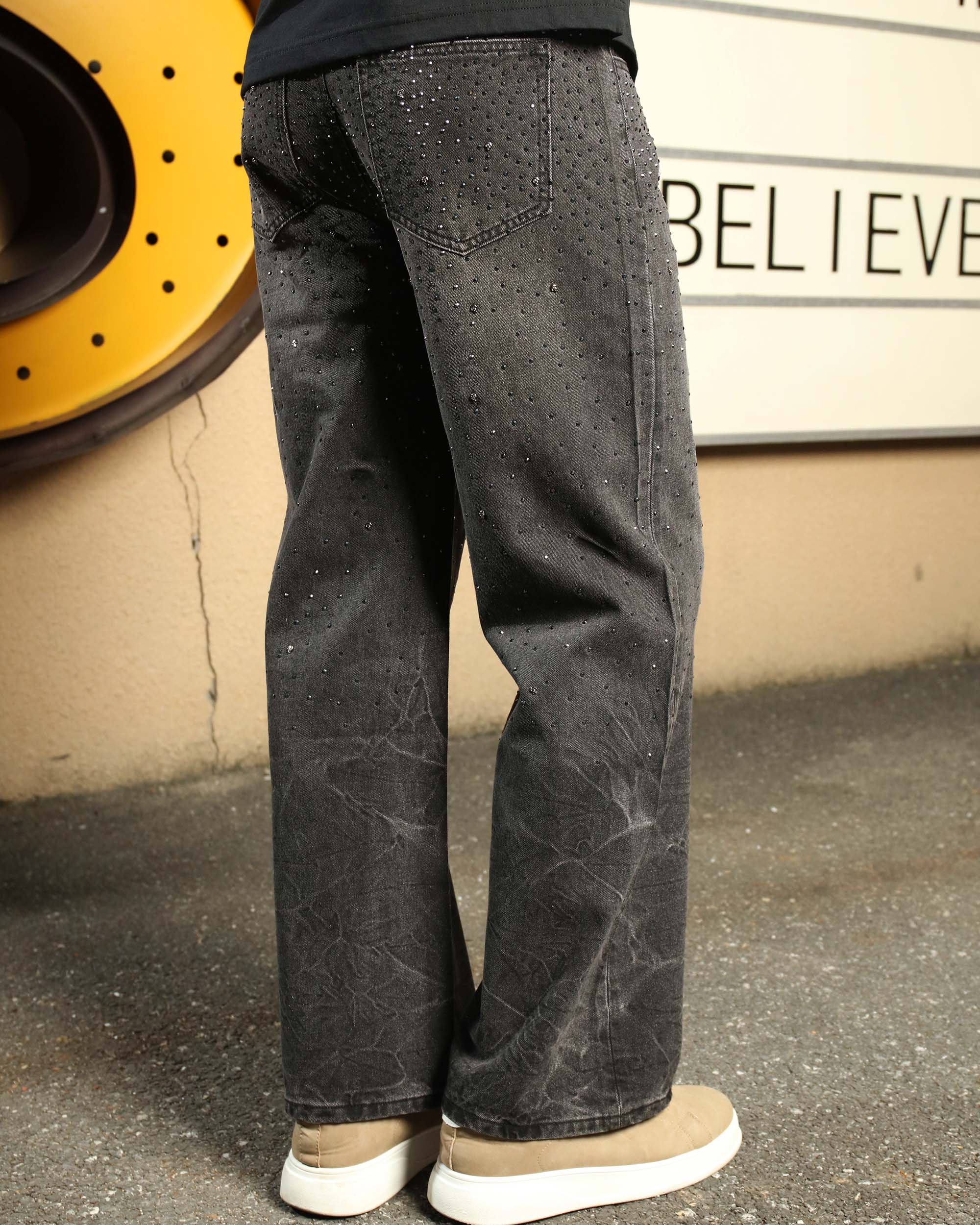 Men’s Black Rhinestone Wide Leg Jeans – Vintage Washed Loose Fit Denim Pants