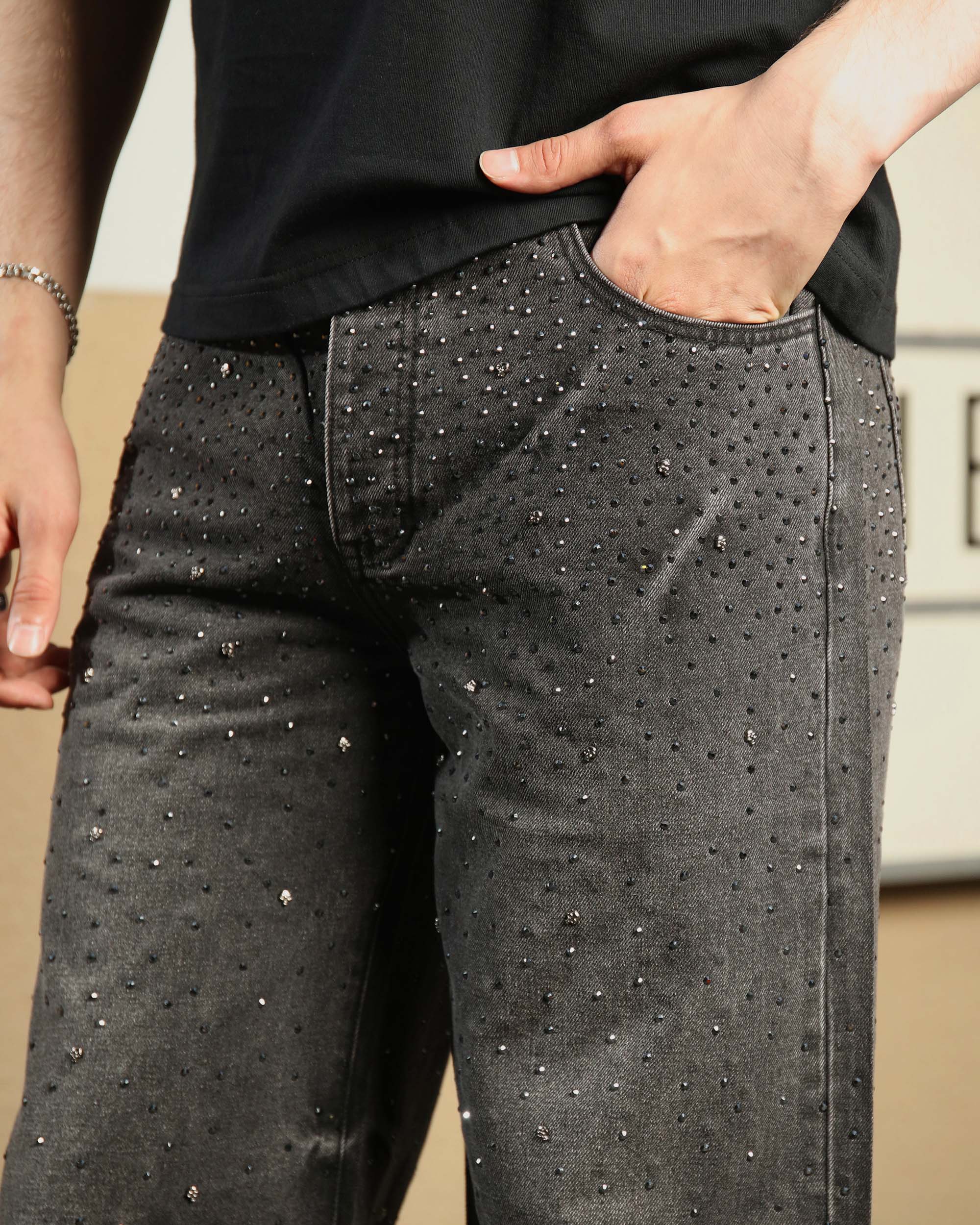 Men’s Black Rhinestone Wide Leg Jeans – Vintage Washed Loose Fit Denim Pants