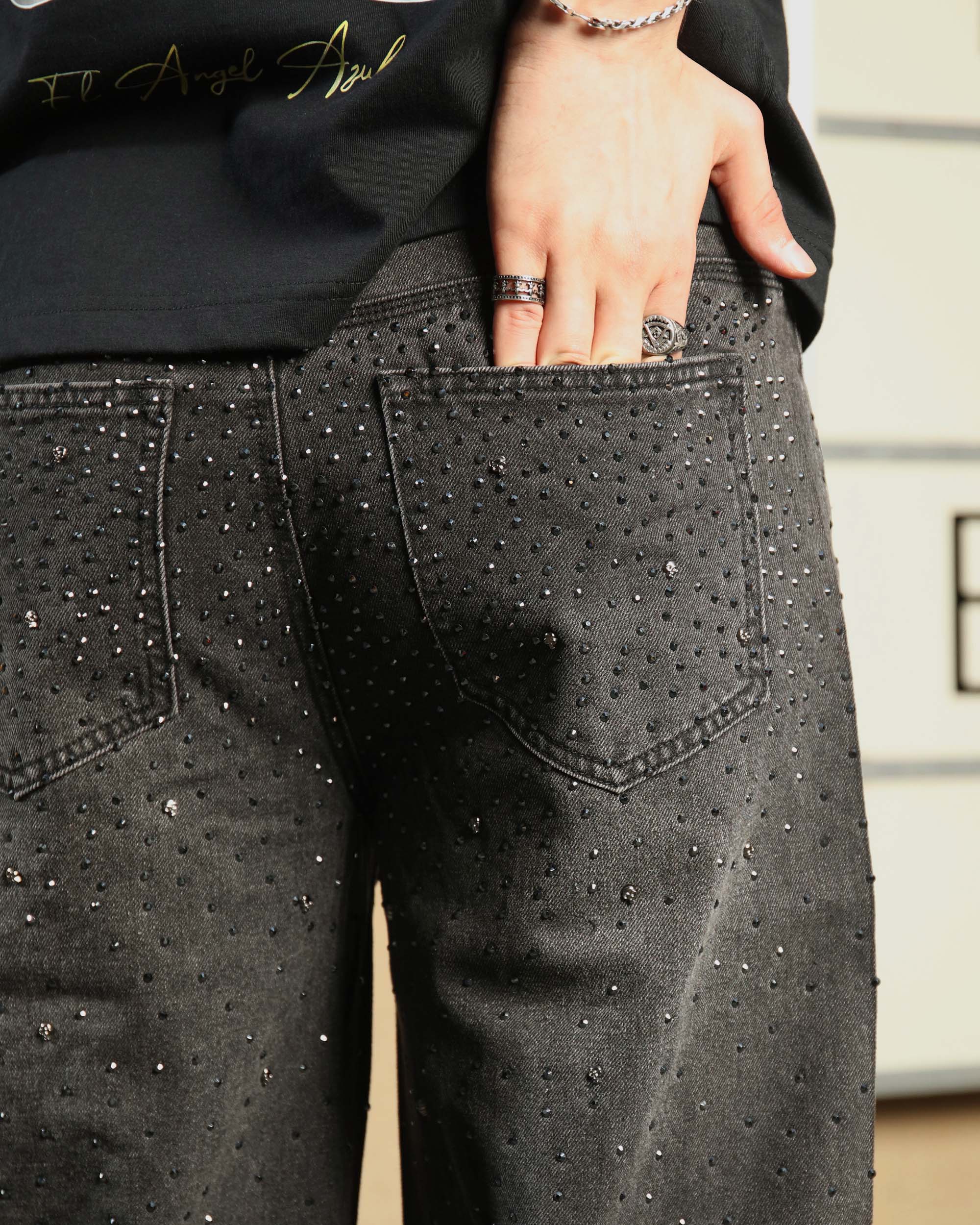 Men’s Black Rhinestone Wide Leg Jeans – Vintage Washed Loose Fit Denim Pants