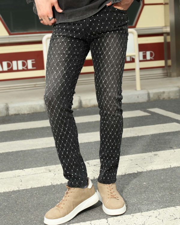 Men’s Light Blue & Black Rhinestone Plaid Skinny Jeans – Vintage Washed Slim Fit Denim Pants