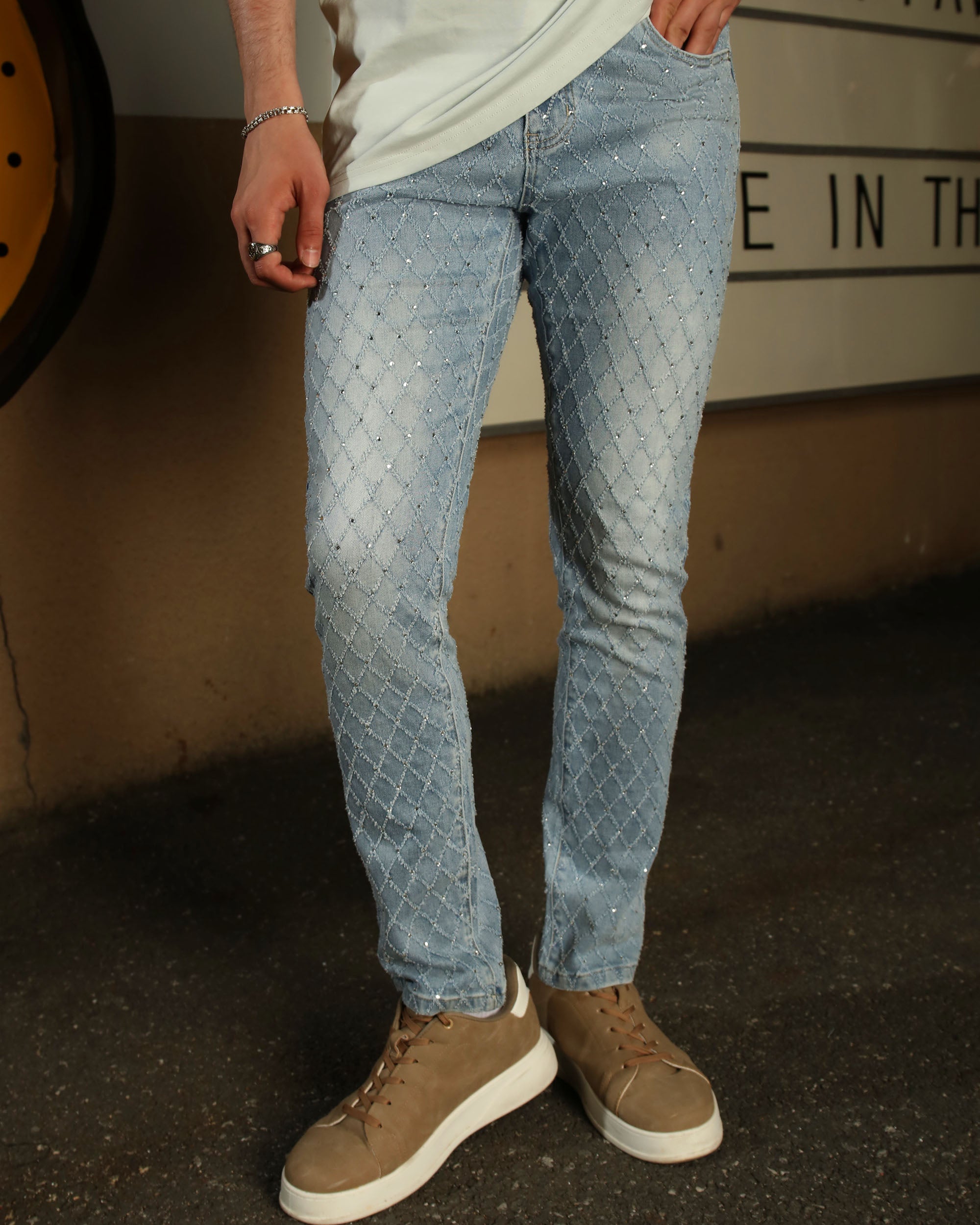 Men’s Light Blue & Black Rhinestone Plaid Skinny Jeans – Vintage Washed Slim Fit Denim Pants
