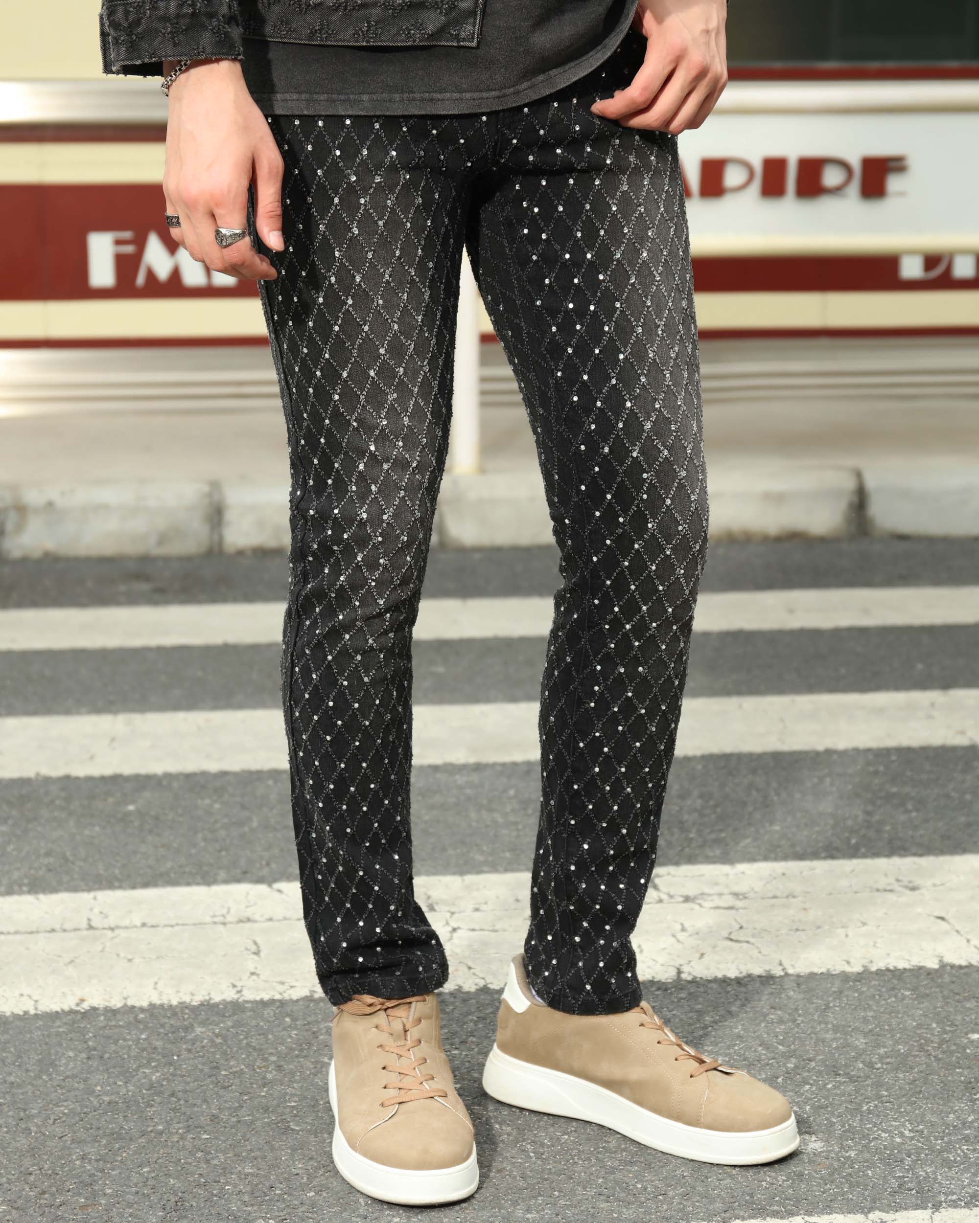 Men’s Light Blue & Black Rhinestone Plaid Skinny Jeans – Vintage Washed Slim Fit Denim Pants