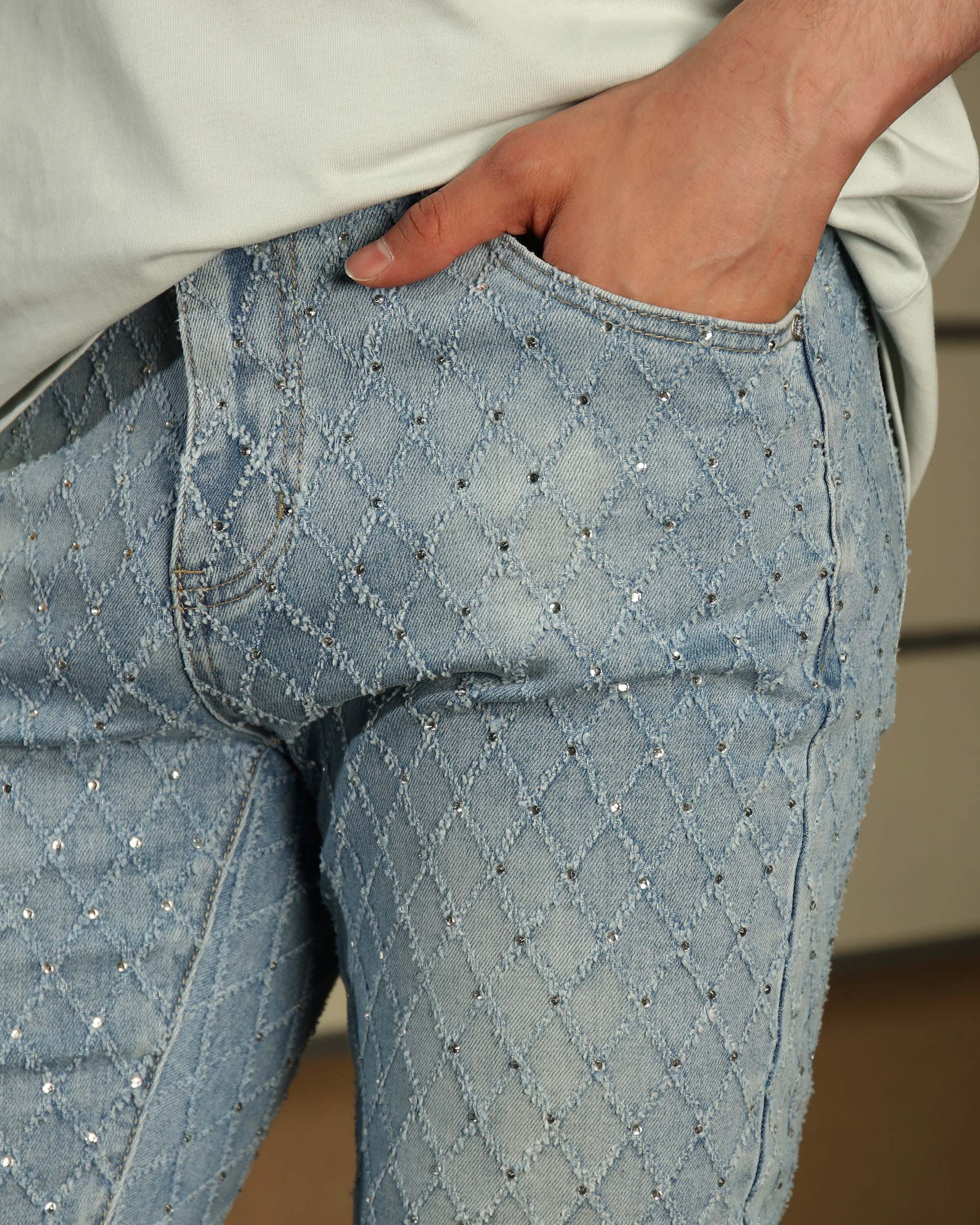 Men’s Light Blue & Black Rhinestone Plaid Skinny Jeans – Vintage Washed Slim Fit Denim Pants
